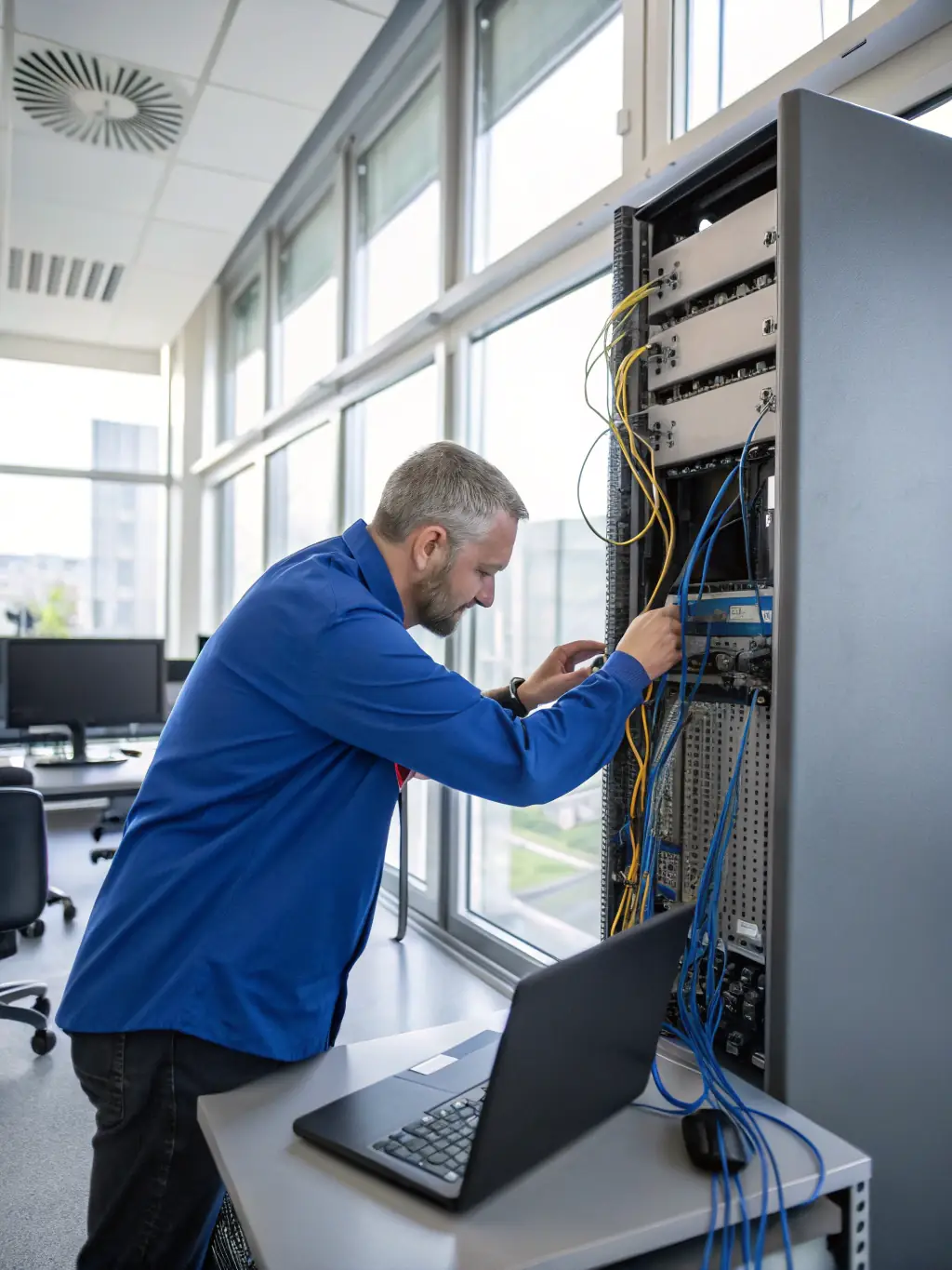 A close-up image of a technician splicing fiber optic cables in a data center, highlighting the precision and expertise required for high-speed data transmission.