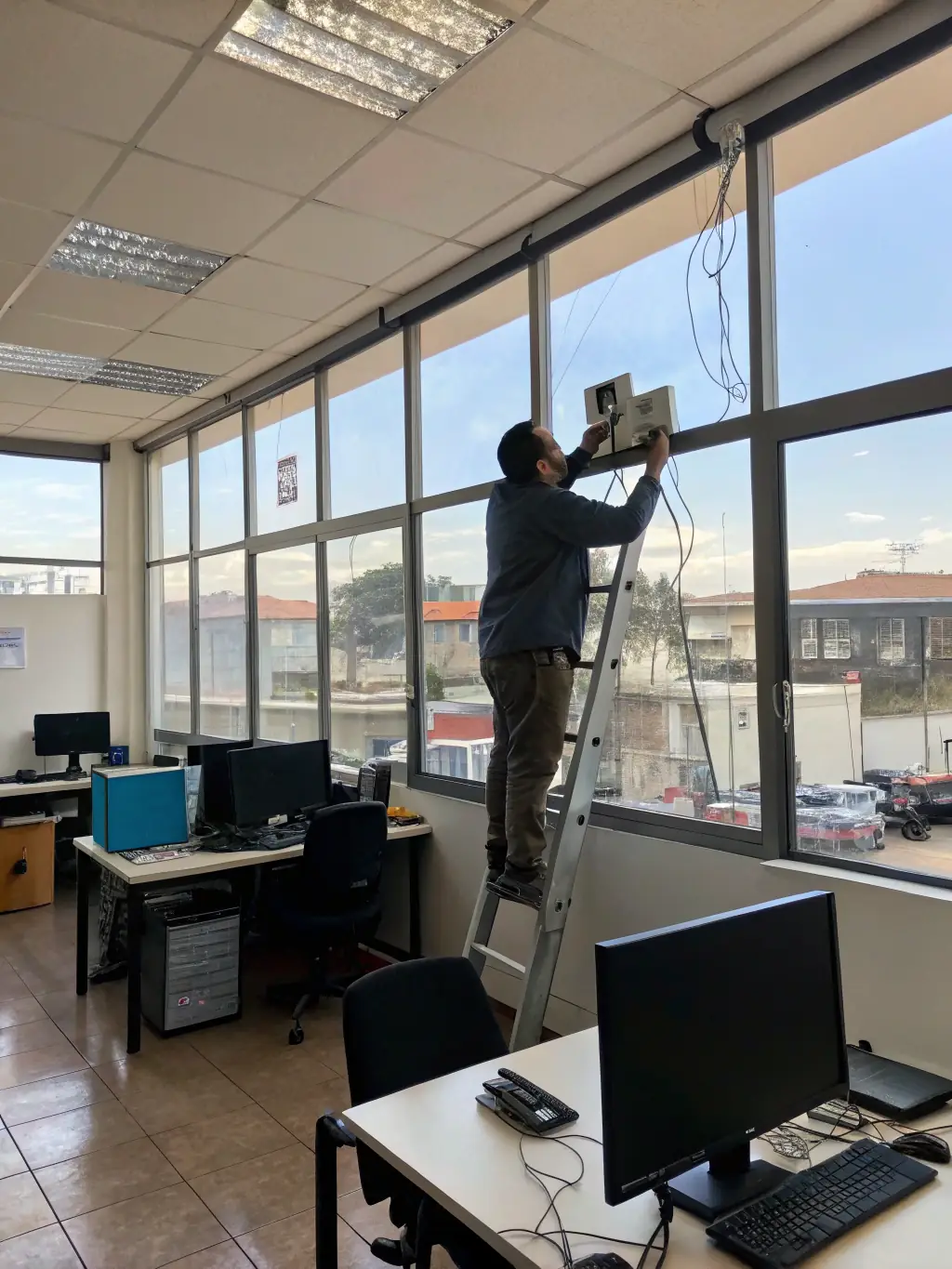 A technician expertly installing a ceiling-mounted wireless access point in a bustling New York City cafe, ensuring seamless Wi-Fi connectivity for customers.