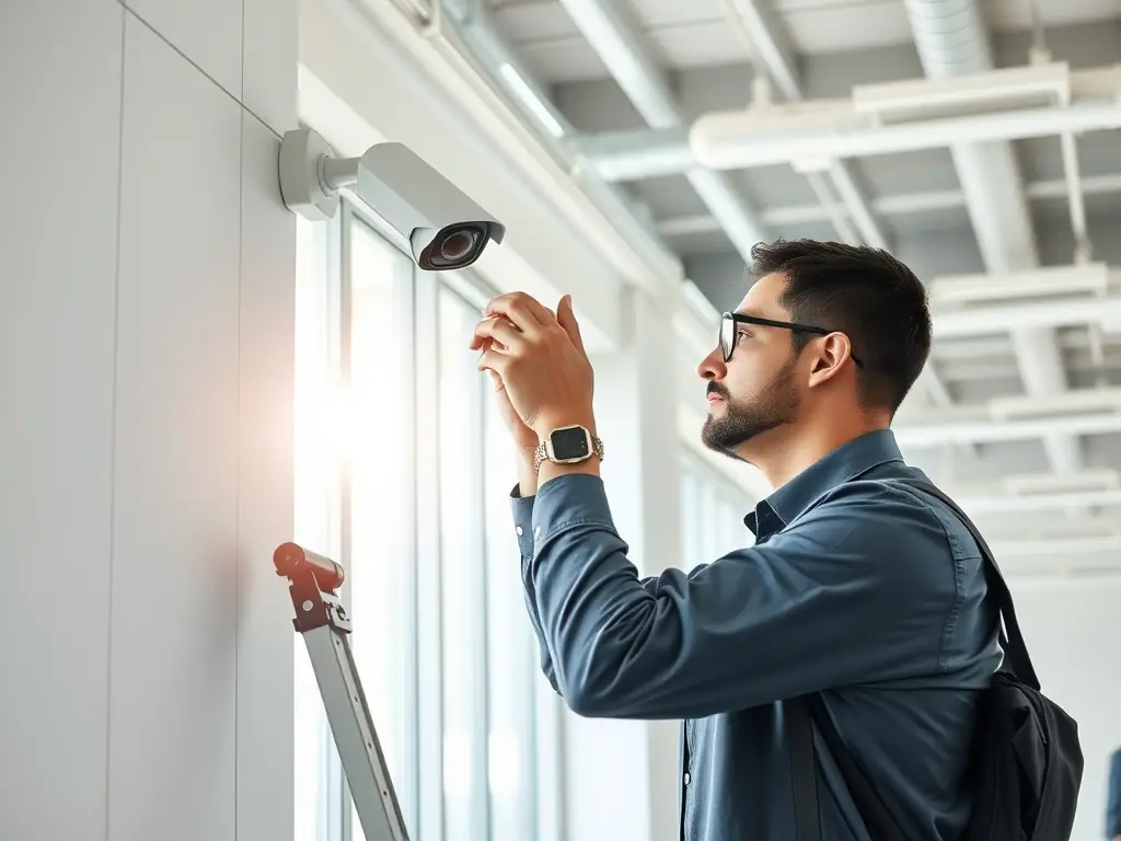 A security camera installation in a modern office setting, showcasing the clarity and wide-angle view provided by Aria Network Communications Solutions.