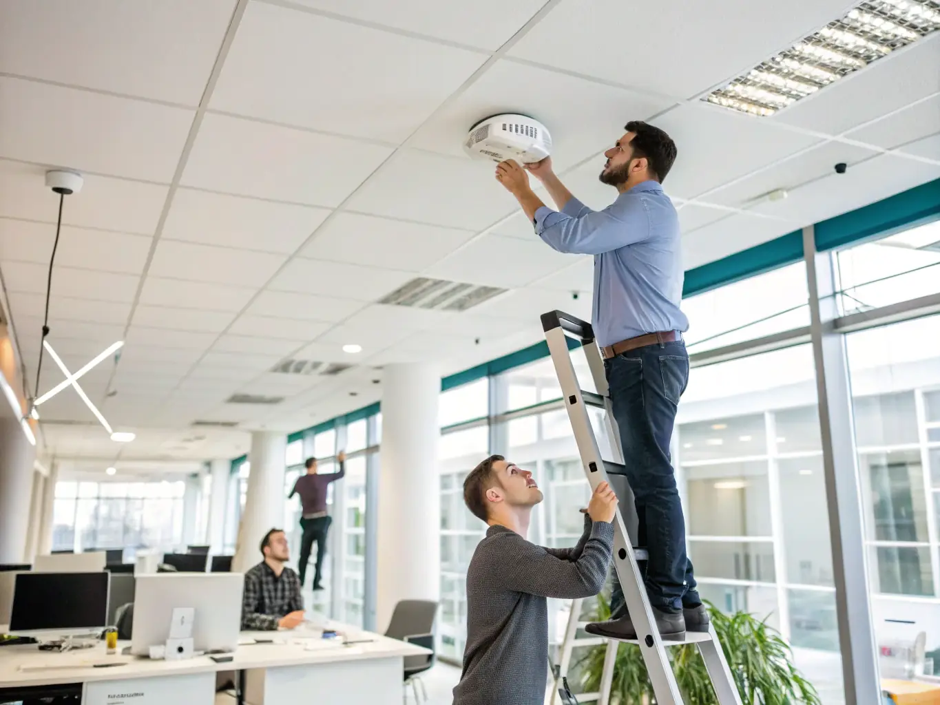 An access point being installed in a commercial building, highlighting the neat and professional installation work of Aria Network Communications Solutions.